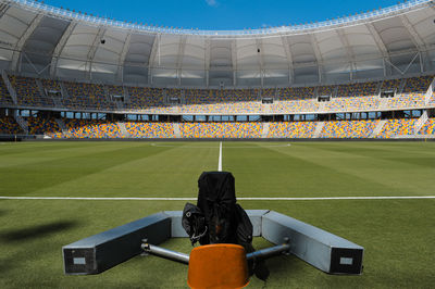 Empty soccer field and a transmition camera spot
