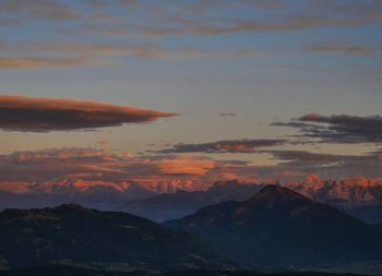 Scenic view of mountains against sky at sunset