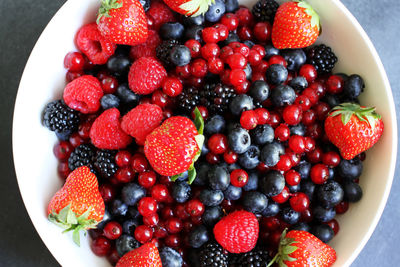 High angle view of strawberries in bowl