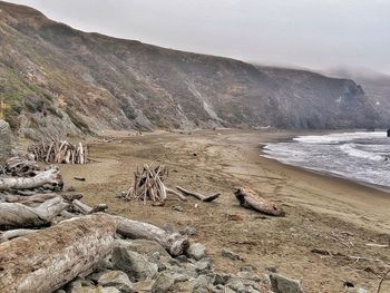 Driftwood houses on ocean beach against cliffs and fog.