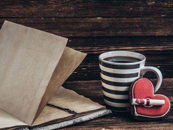 High angle view of coffee cup on table