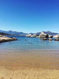 Scenic view of sea against clear blue sky