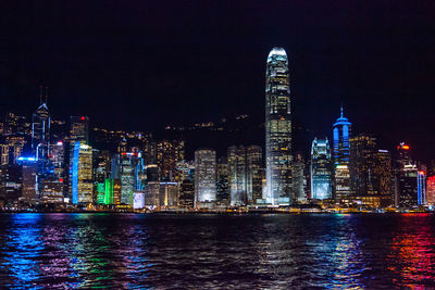 Illuminated buildings against sky at night