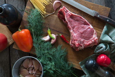 High angle view of vegetables on cutting board