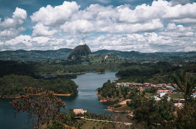 Scenic view of river and landscape against sky