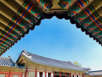 Low angle view of temple building against sky