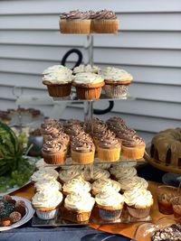 High angle view of cupcakes on table