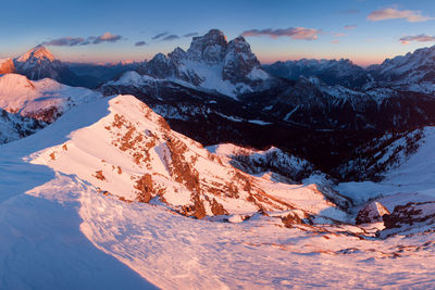Scenic view of snowcapped mountains against sky during sunset