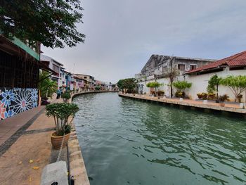 Swimming pool by river against buildings in city