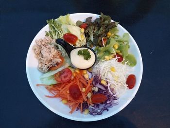 High angle view of breakfast served on table