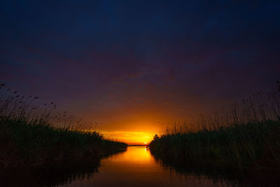 Scenic view of lake against sky during sunset