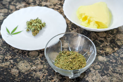 High angle view of vegetables in bowl on table