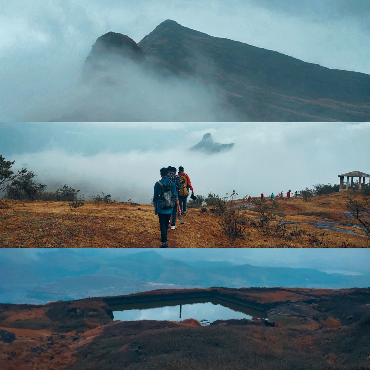 REAR VIEW OF MEN ON MOUNTAINS AGAINST SKY