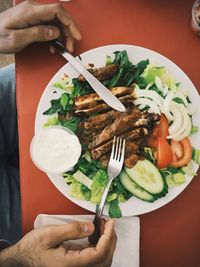 Cropped image of man having meat and salad