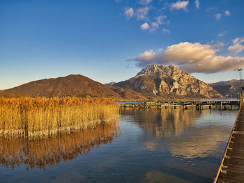 Scenic view of lake by mountains against sky