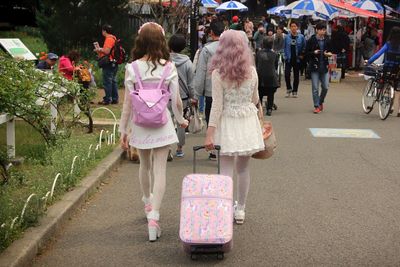 Rear view of people walking on pink flowers