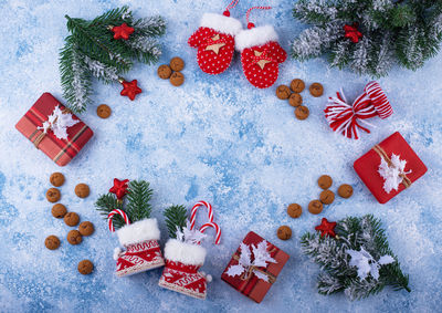 High angle view of christmas decorations on table