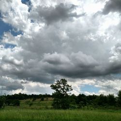 Scenic view of grassy field against cloudy sky