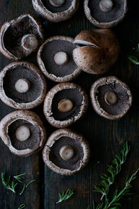 High angle view of mushrooms on table