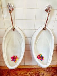 High angle view of urinals in bathroom 