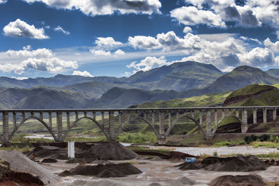 View of landscape with mountain range in background