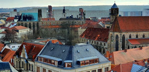 High angle view of buildings in city