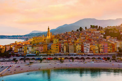 High angle view of townscape against sky during sunset