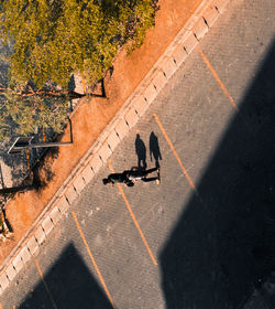 High angle view of man and woman walking on footpath