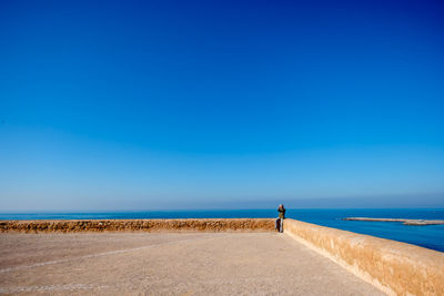 Rear view of man standing on beach against clear blue sky