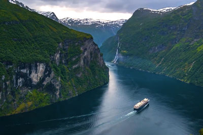 Scenic view of river amidst mountains