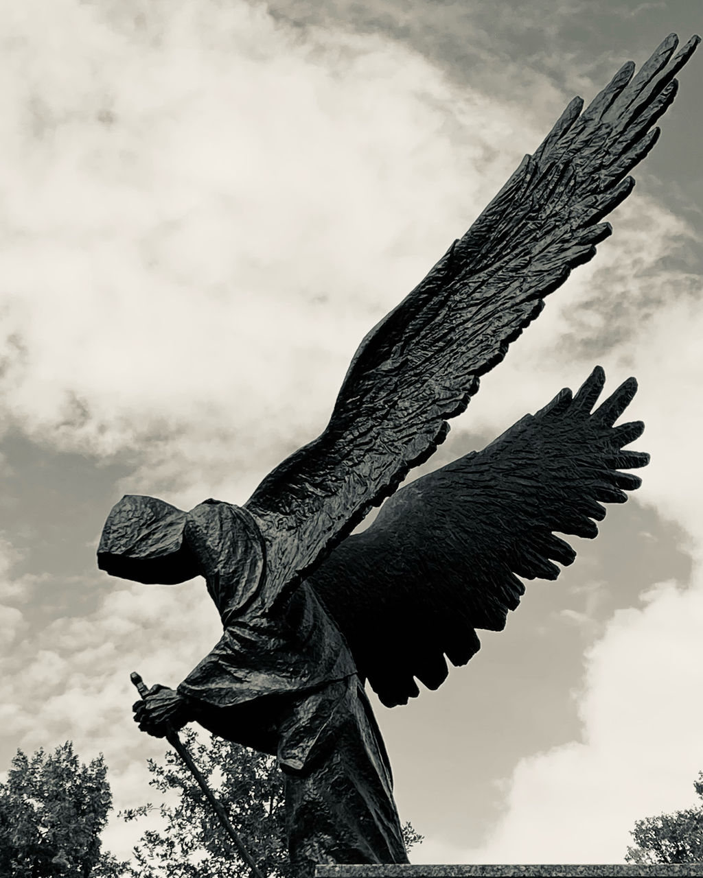 sky, eagle, bird of prey, cloud, animal, wing, statue, bird, black and white, animal themes, nature, monochrome, sculpture, animal wildlife, monochrome photography, no people, flying, representation, low angle view, history, the past, tree, animal body part, architecture, day, wildlife, outdoors, animal wing, animal representation, spread wings, one animal
