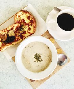 High angle view of breakfast on table