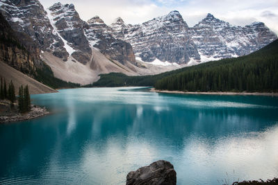 Scenic view of lake and snowcapped mountains against sky