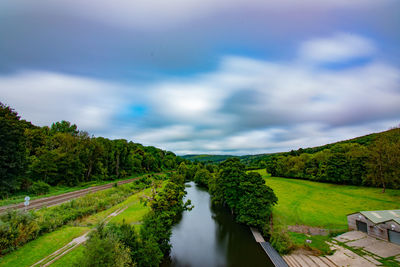 Scenic view of river amidst trees against sky