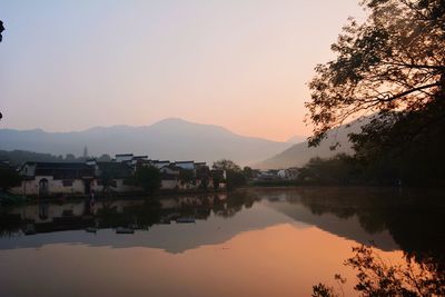 Reflection of buildings in water at sunset