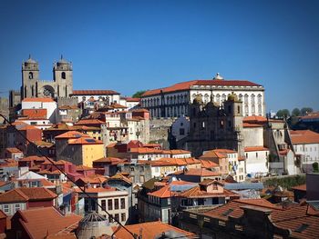 View of cityscape against clear blue sky