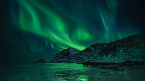 Scenic view of snowcapped mountains against sky at night