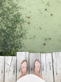 Low section of woman standing on pier over lake