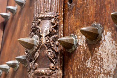 Close-up of wooden door handle