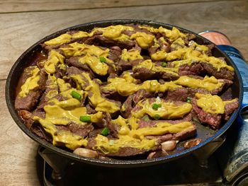 High angle view of food in cooking pan