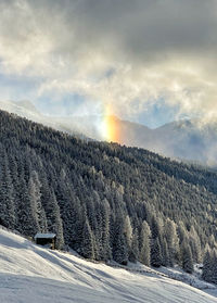 Scenic view of snow covered mountains against sky during sunset