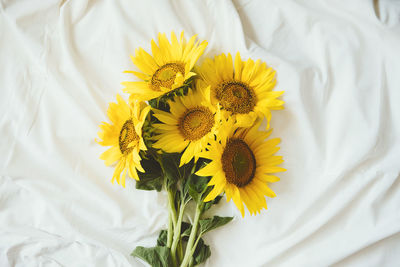 Candid authentic yellow sunflowers bouquet on fabric white background. background 