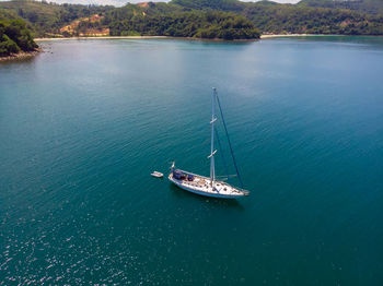 High angle view of sailboat sailing on sea