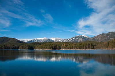 Scenic view of lake and mountains against sky in eibseelake, bavaria.