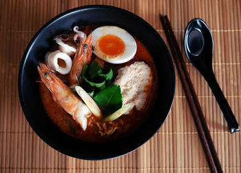 High angle view of breakfast served on table