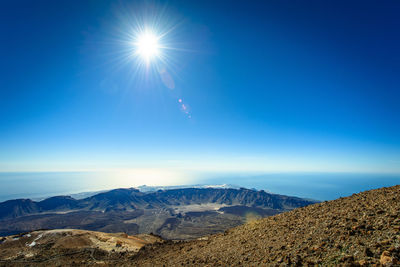 Scenic view of mountains against clear blue sky