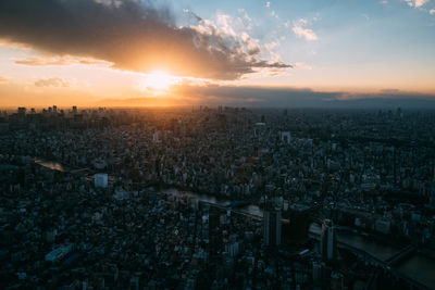 Aerial view of cityscape against sky during sunset