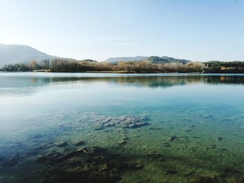 Scenic view of lake against clear sky