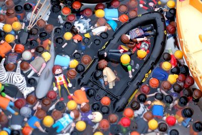 High angle view of toys for sale