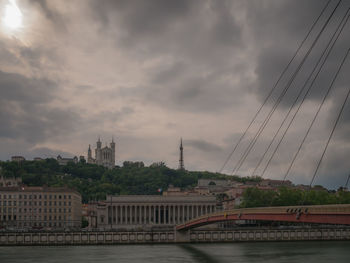 Bridge over river against buildings in city